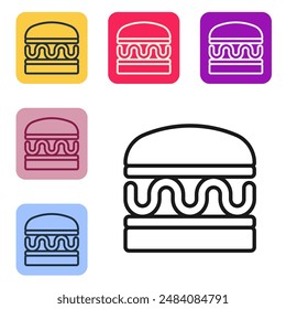 Black line Burger icon isolated on white background. Hamburger icon. Cheeseburger sandwich sign. Fast food menu. Set icons in color square buttons. Vector