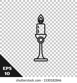 Black line Burning candle in candlestick icon isolated on transparent background. Old fashioned lit candle. Cylindrical candle stick with burning flame.  Vector Illustration
