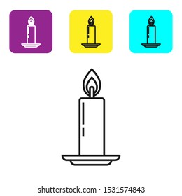 Black line Burning candle in candlestick icon on white background. Old fashioned lit candle. Cylindrical candle stick with burning flame. Set icons colorful square buttons. Vector Illustration
