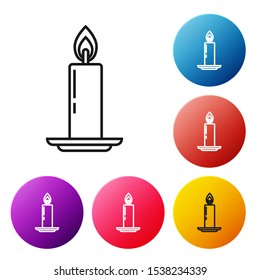 Black line Burning candle in candlestick icon on white background. Old fashioned lit candle. Cylindrical candle stick with burning flame. Set icons colorful circle buttons. Vector Illustration