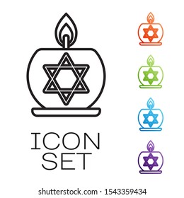 Black line Burning candle in candlestick with star of david icon isolated on white background. Cylindrical candle stick with burning flame. Set icons colorful. Vector Illustration