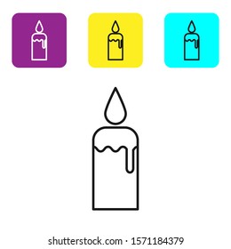 Black line Burning candle in candlestick icon isolated on white background. Cylindrical candle stick with burning flame. Set icons colorful square buttons. Vector Illustration