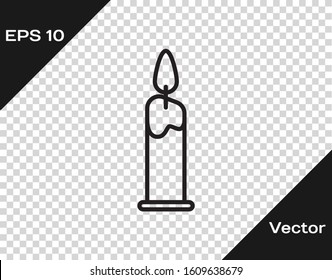 Black line Burning candle in candlestick icon isolated on transparent background. Cylindrical candle stick with burning flame.  Vector Illustration