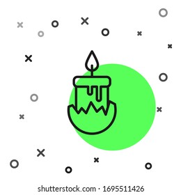Black line Burning candle in candlestick icon isolated on white background. Cylindrical candle stick with burning flame.  Vector Illustration