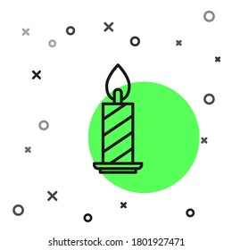 Black line Burning candle in candlestick icon isolated on white background. Cylindrical candle stick with burning flame.  Vector Illustration