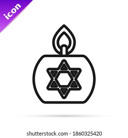 Black line Burning candle in candlestick with star of david icon isolated on white background. Cylindrical candle stick with burning flame.  Vector