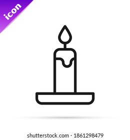 Black line Burning candle in candlestick icon isolated on white background. Cylindrical candle stick with burning flame.  Vector