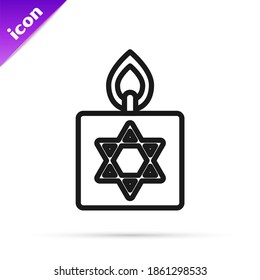 Black line Burning candle in candlestick with star of david icon isolated on white background. Cylindrical candle stick with burning flame.  Vector