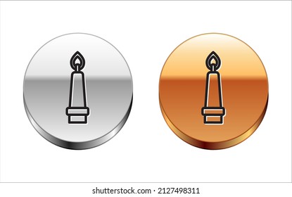 Black line Burning candle in candlestick icon isolated on white background. Old fashioned lit candle. Cylindrical candle stick with burning flame. Silver-gold circle button. Vector