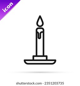 Black line Burning candle in candlestick icon isolated on white background. Cylindrical candle stick with burning flame.  Vector Illustration
