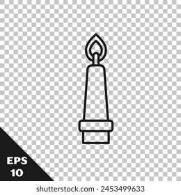 Black line Burning candle in candlestick icon isolated on transparent background. Old fashioned lit candle. Cylindrical candle stick with burning flame.  Vector