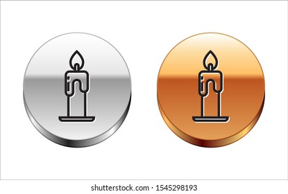 Black line Burning candle icon isolated on white background. Cylindrical aromatic candle stick with burning flame. Happy Halloween party. Silver-gold circle button. Vector Illustration