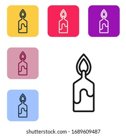 Black line Burning candle icon isolated on white background. Cylindrical candle stick with burning flame. Set icons in color square buttons. Vector Illustration