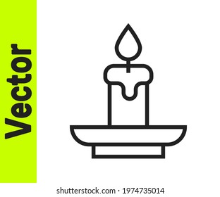 Black line Burning candle icon isolated on white background. Cylindrical aromatic candle stick with burning flame. Happy Halloween party.  Vector