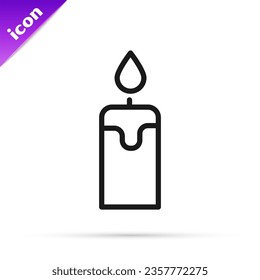 Black line Burning candle icon isolated on white background. Cylindrical candle stick with burning flame.  Vector