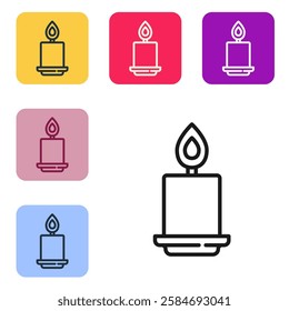 Black line Burning candle icon isolated on white background. Cylindrical aromatic candle stick with burning flame. Happy Halloween party. Set icons in color square buttons. Vector