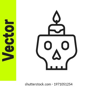 Black line Burning candle on a skull icon isolated on white background. Day of dead.  Vector