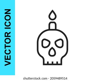 Black line Burning candle on a skull icon isolated on white background. Day of dead.  Vector
