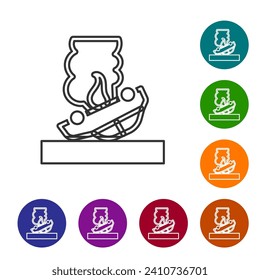 Icono de coche de quemado de línea negra aislado en fondo blanco. Coche en llamas. Auto roto cubierto con fuego y humo. Establezca los iconos en los botones de círculo de color. Vector