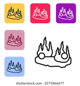 Black line Burning car icon isolated on white background. Car on fire. Broken auto covered with fire and smoke. Set icons in color square buttons. Vector