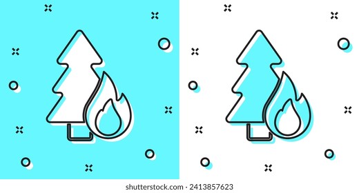 Línea negra Ardiendo árboles forestales en un icono de llamas de fuego aislado en fondo verde y blanco. Concepto de desastre natural. Formas dinámicas aleatorias. Vector