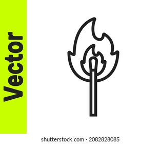 Black line Burning match with fire icon isolated on white background. Match with fire. Matches sign.  Vector