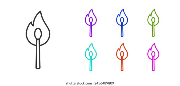 Schwarze Linie Brennendes Streichholz mit Feuer-Symbol isoliert auf weißem Hintergrund. Spiel mit dem Feuer. Entspricht dem Zeichen. Farbige Symbole festlegen. Vektorgrafik