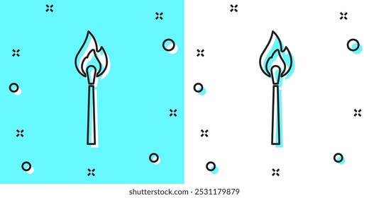 Black line Burning match with fire icon isolated on green and white background. Match with fire. Matches sign. Random dynamic shapes. Vector