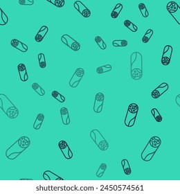 Black line Burrito icon isolated seamless pattern on green background. Traditional mexican fast food.  Vector