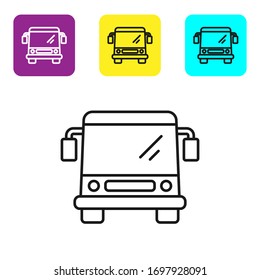 Black line Bus icon isolated on white background. Transportation concept. Bus tour transport sign. Tourism or public vehicle symbol. Set icons colorful square buttons. Vector Illustration