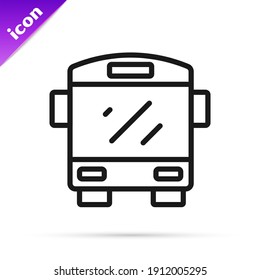 Icono de bus de línea negra aislado en fondo blanco. Concepto de transporte. Cartel de transporte de la gira de autobuses. Símbolo de turismo o vehículo público.  Vector