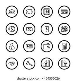 black line business commercial and finance icon set with circle frame for web design, user interface (UI), infographic and mobile application (apps)