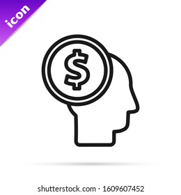 Black line Business man planning mind icon isolated on white background. Human head with dollar. Idea to earn money. Business investment growth.  Vector Illustration