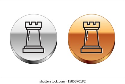 Black line Business strategy icon isolated on white background. Chess symbol. Game, management, finance. Silver-gold circle button. Vector Illustration