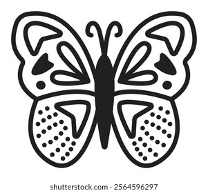 Black line butterfly, fly with beautiful wings, vector monochrome illustration