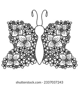 Black line butterfly for greeting card, coloring book. Vector butterfly isolated