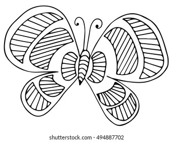 Black line butterfly for greeting card, coloring book, invitation, posters, texture backgrounds, placards, banners.