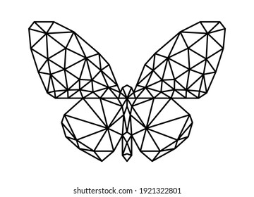 Black line butterfly low polygon logo vector, triangular insect doodle isolated on white background. Flying bug low poly cartoon character, geometric pet mascot design.