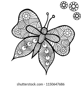 Black line butterfly for tattoo, coloring book for adult and kids isolated on the white background