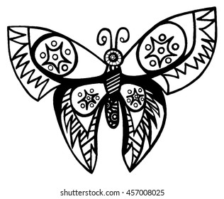 Black line butterfly for tattoo, coloring book for adult and kids isolated on the white background