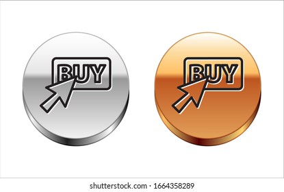 Black line Buy button icon isolated on white background. Silver-gold circle button. Vector Illustration
