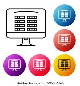 Black line Buy cinema ticket online icon isolated on white background. Service Concept. Set icons colorful circle buttons. Vector Illustration