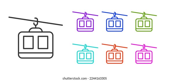 Black line Cable car icon isolated on white background. Funicular sign. Set icons colorful. Vector