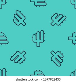 Black line Cactus icon isolated seamless pattern on green background.  Vector Illustration