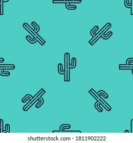 Icono de Cactus de línea negra aislado patrón sin fisuras sobre fondo verde.  Vector