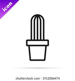 Black line Cactus peyote in pot icon isolated on white background. Plant growing in a pot. Potted plant sign.  Vector