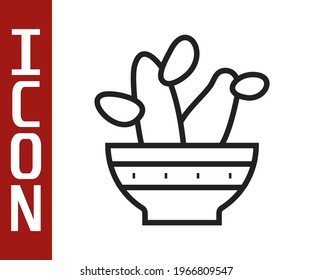 Black line Cactus peyote in pot icon isolated on white background. Plant growing in a pot. Potted plant sign.  Vector