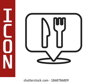 Black line Cafe and restaurant location icon isolated on white background. Fork and spoon eatery sign inside pinpoint.  Vector.
