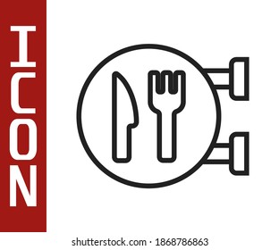 Black line Cafe and restaurant location icon isolated on white background. Fork and spoon eatery sign inside pinpoint.  Vector.