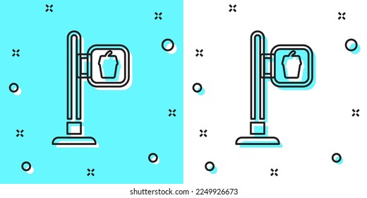 Black line Cafe and restaurant location icon isolated on green and white background. Fork and spoon eatery sign inside pinpoint. Random dynamic shapes. Vector.